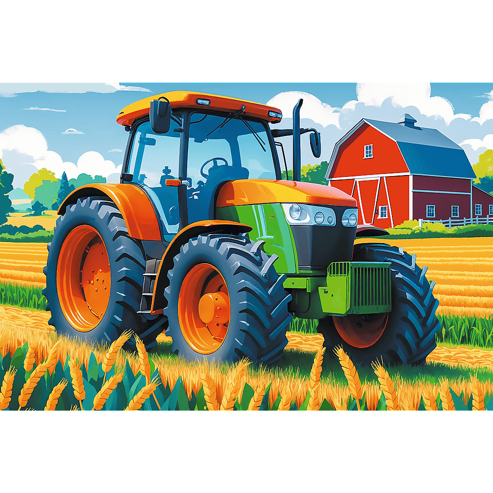 Un tracteur coloré dans un champ de blé. Une grange rouge se trouve en arrière-plan sous un ciel bleu. Le tracteur est orange, vert et bleu.