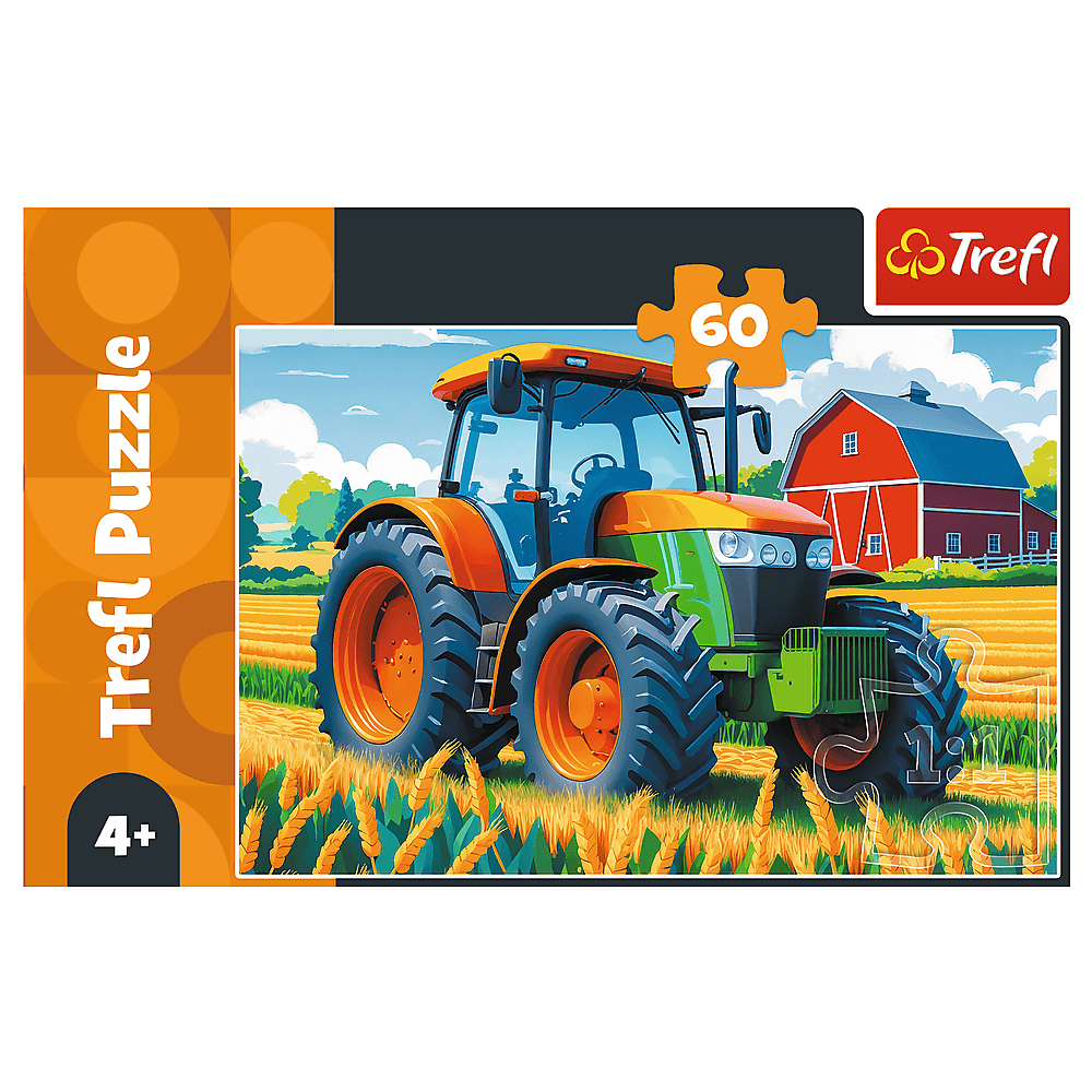 Le puzzle montre un tracteur dans un champ de blé, avec une grange rouge en arrière-plan. Le ciel est bleu et le puzzle est de Trefl.