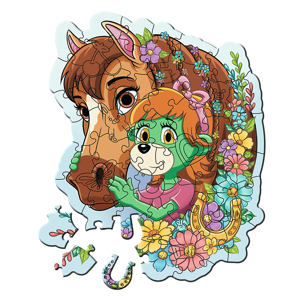 Ein Puzzle eines Pferdes und eines grünen Charakters, der sich umarmt, umgeben von Blumen und einem Hufeisen.