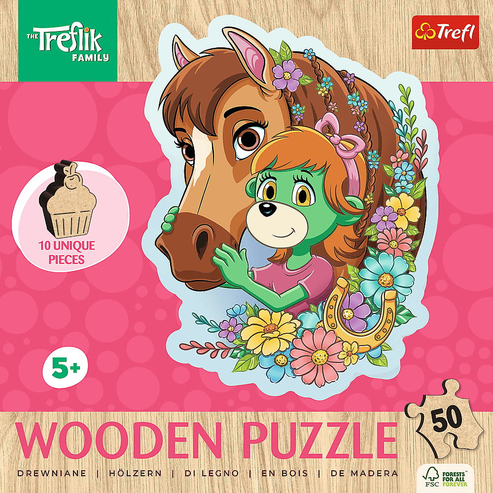 Puzzledose mit einem Pferd und einem grünen Charakter, umgeben von Blumen. Der Text lautet 'Wooden Puzzle' und '5+'.