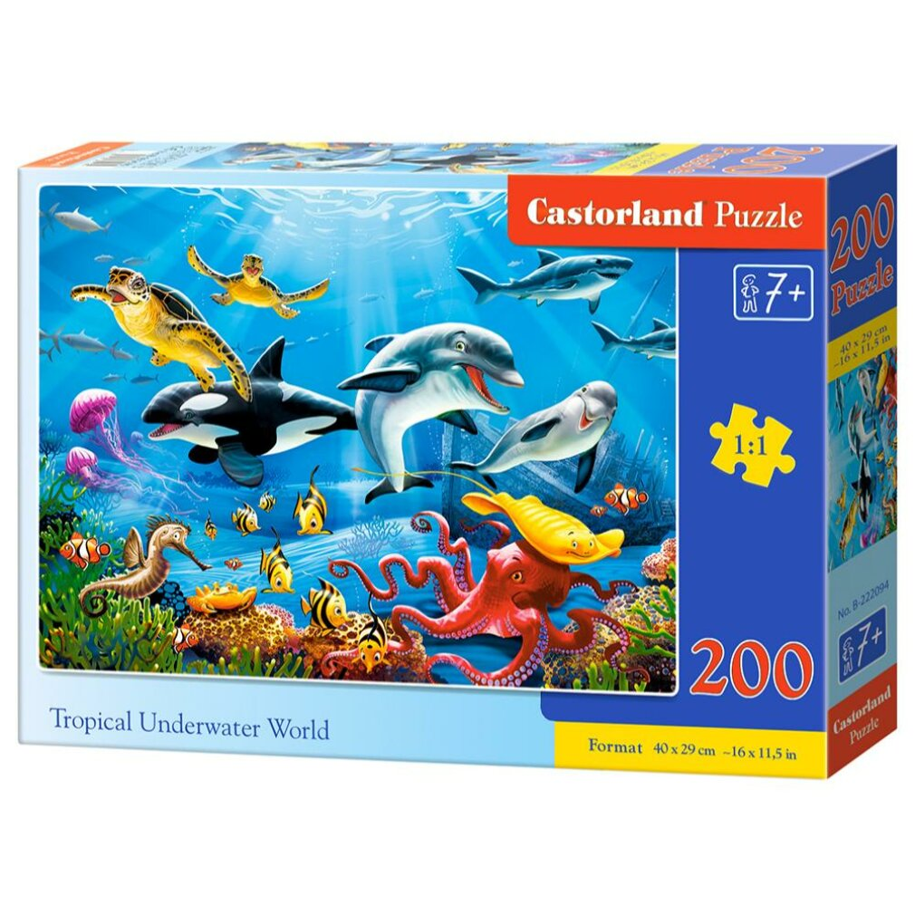 Caja de rompecabezas con una escena submarina. Delfines, tiburones, tortugas y peces de colores nadan sobre un pulpo y corales.