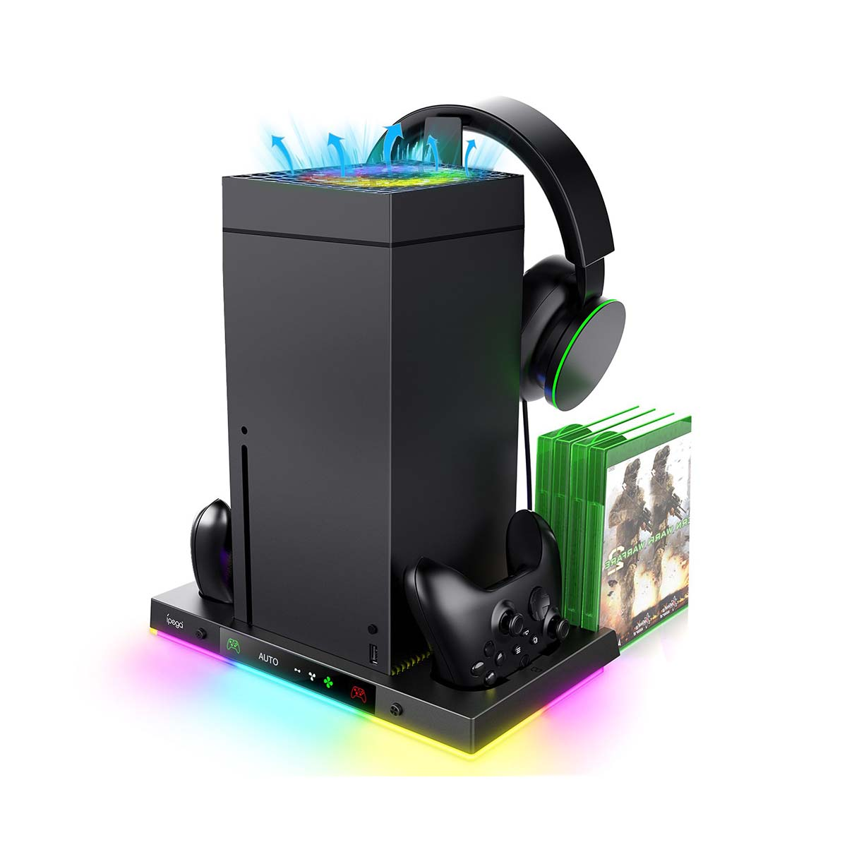 Soporte de consola negro con auriculares, controlador y juegos. Tiene luces LED de colores y un ventilador.