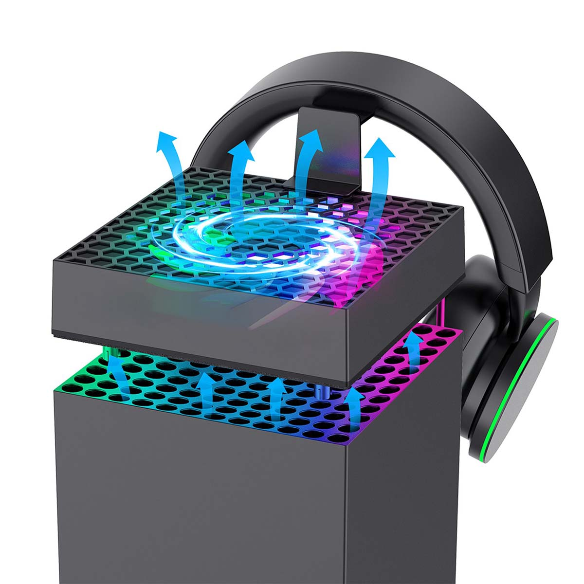 Enfriador de consola negro con luz colorida y flechas. Un auricular está en el lateral. El enfriador tiene un diseño de panal.