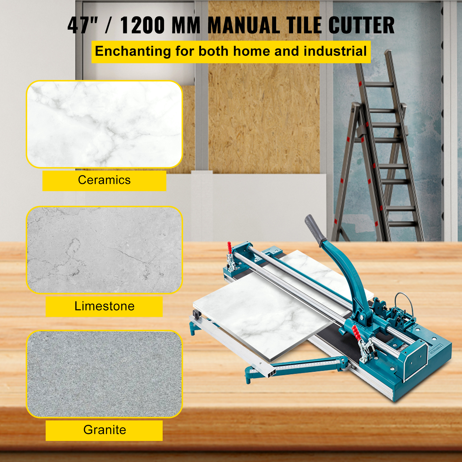 Un cortador manual de baldosas sobre una mesa de madera. Tiene una base azul. Se muestran muestras de cerámica, piedra caliza y granito.
