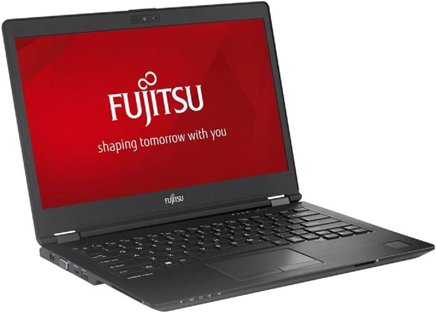 Ein schwarzer Fujitsu-Laptop ist geöffnet. Der Bildschirm zeigt einen roten Hintergrund mit dem Fujitsu-Logo und Text.