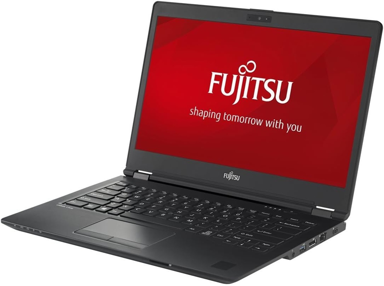 Schwarzer Fujitsu-Laptop. Roter Bildschirm zeigt das Fujitsu-Logo und Text: 'shaping tomorrow with you'.