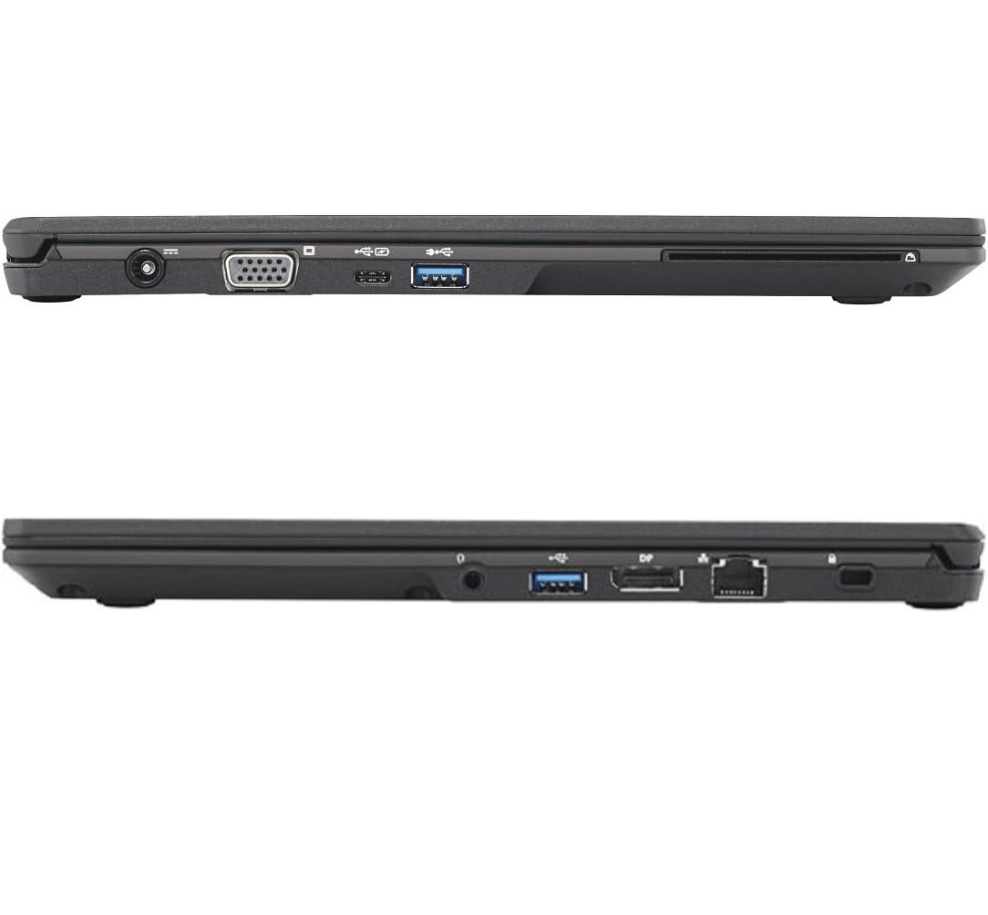 Seitenansicht eines schwarzen Laptops. Zeigt verschiedene Anschlüsse, einschließlich VGA, USB und Audio. Der Laptop ist geschlossen und horizontal positioniert.
