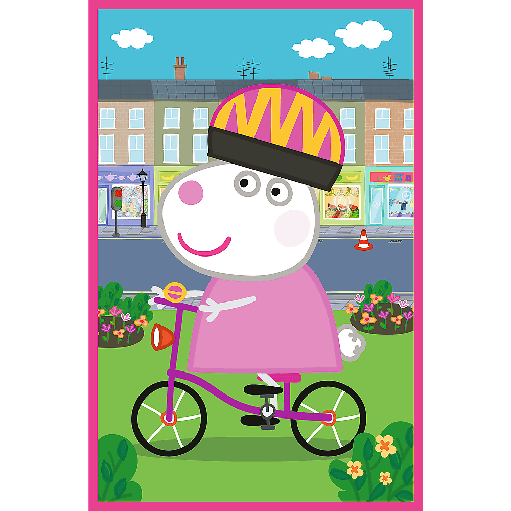 Peppa Pig fietst op een paarse fiets met een geel-zwarte helm. Gebouwen en bloemen op de achtergrond.