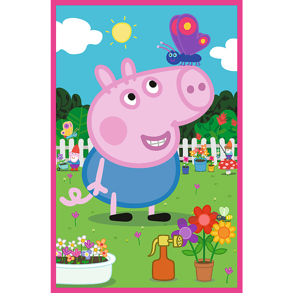 Peppa Pig glimlacht in een tuin met bloemen, kabouters, een vlinder en een zon. Een paarse vlinder zit op haar hoofd.