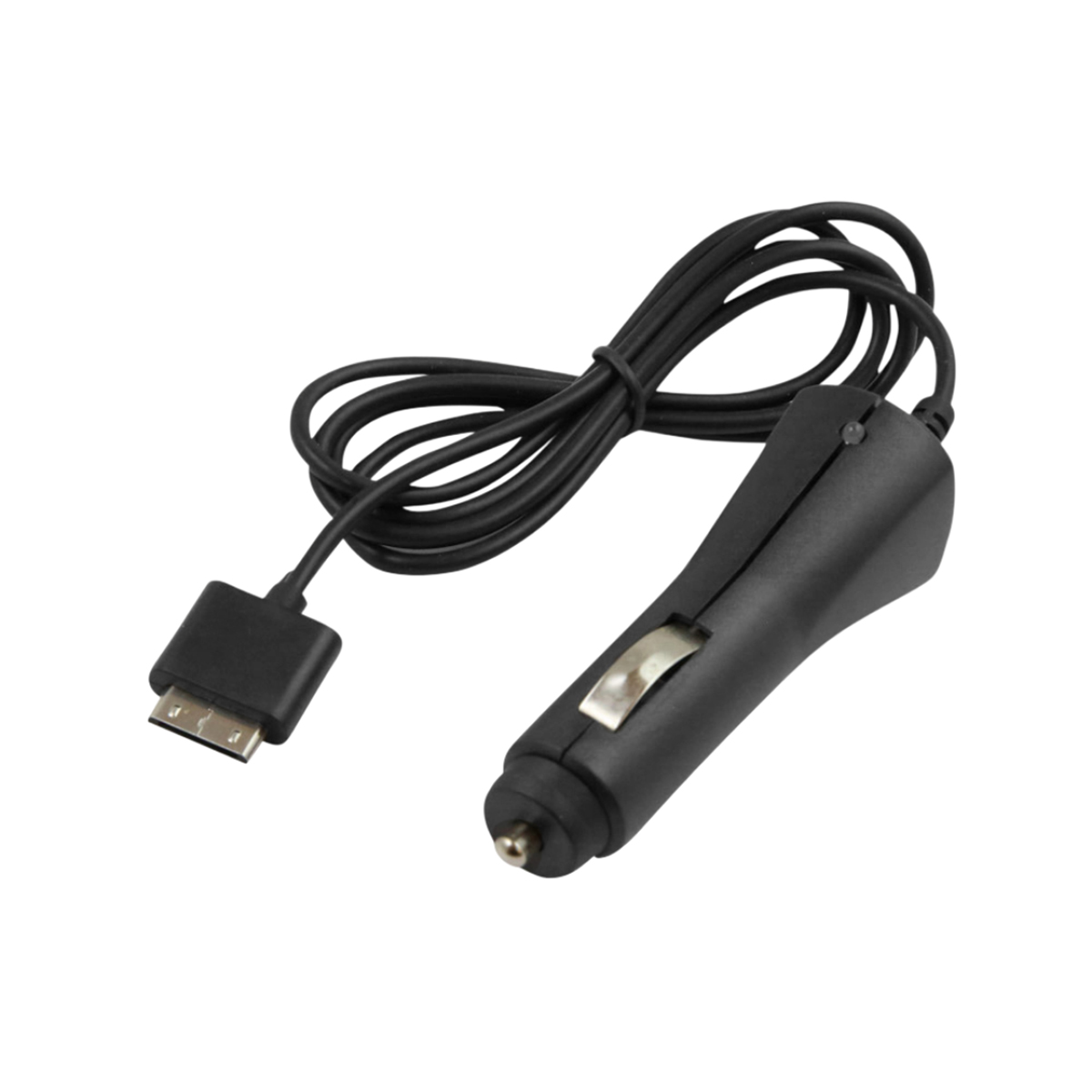 Un cargador de coche negro con puerto USB y adaptador para encendedor de cigarrillos. El cable es negro y en espiral.
