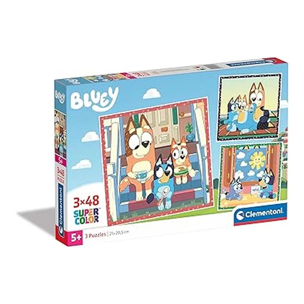 Boîte de puzzle Bluey. Contient des images de personnages de Bluey. L'image principale montre Bluey et sa famille sur les marches du porche.