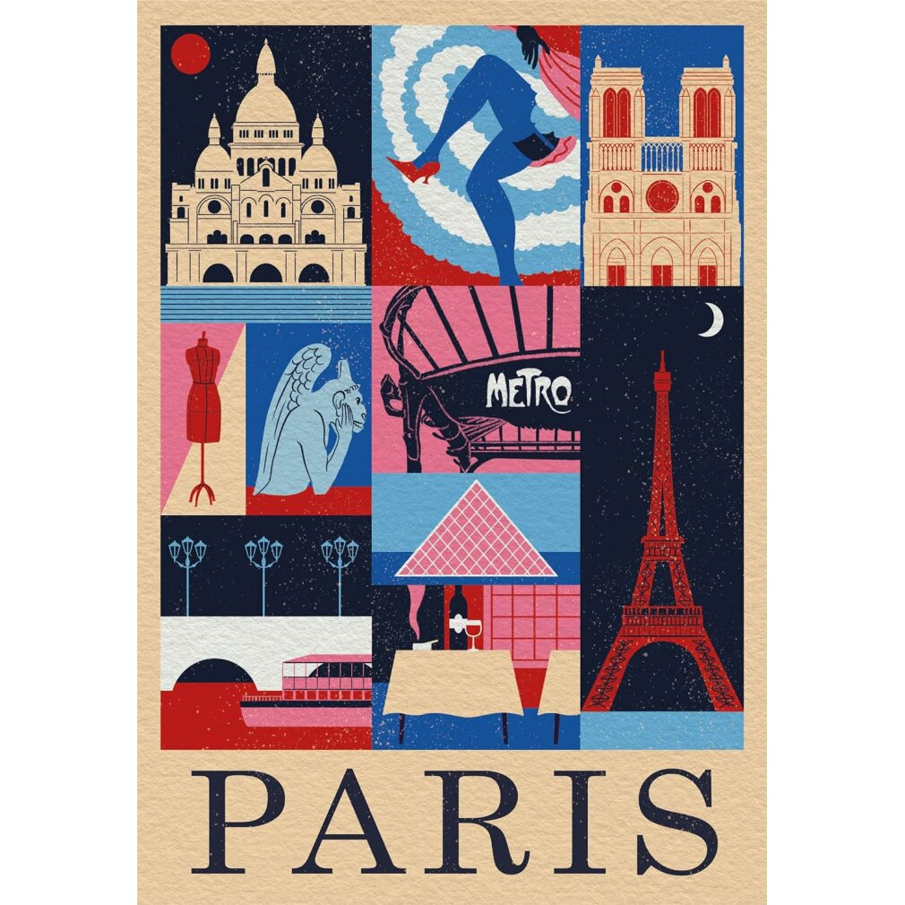 Ilustración de París. Incluye la Torre Eiffel, Sacré-Cœur, bailarina, Notre Dame, entrada de metro y mesa puesta.
