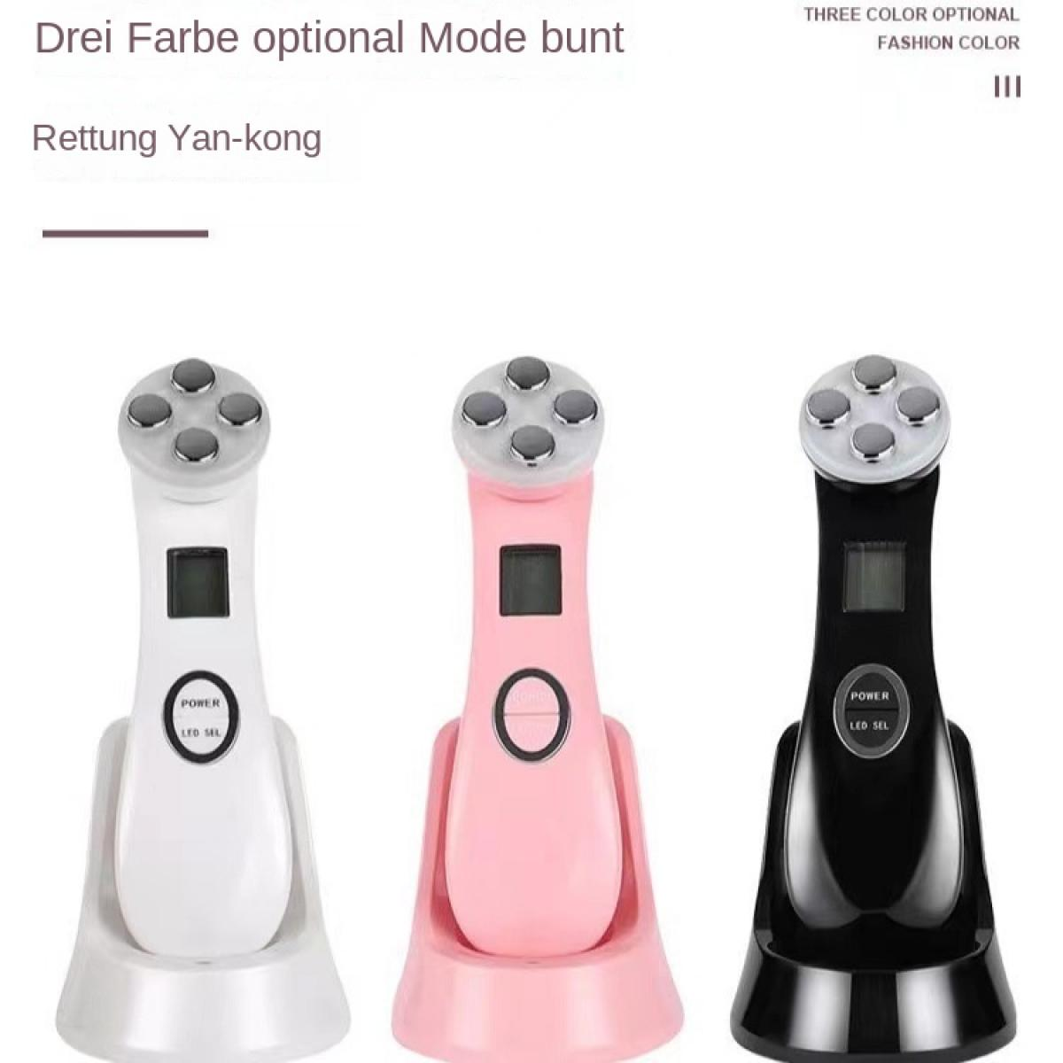 Drei Gesichts-Massagegeräte, weiß, rosa und schwarz, jeweils in einem Ständer. Sie haben mehrere silberne Köpfe, Bildschirme und Knöpfe. Text oben.