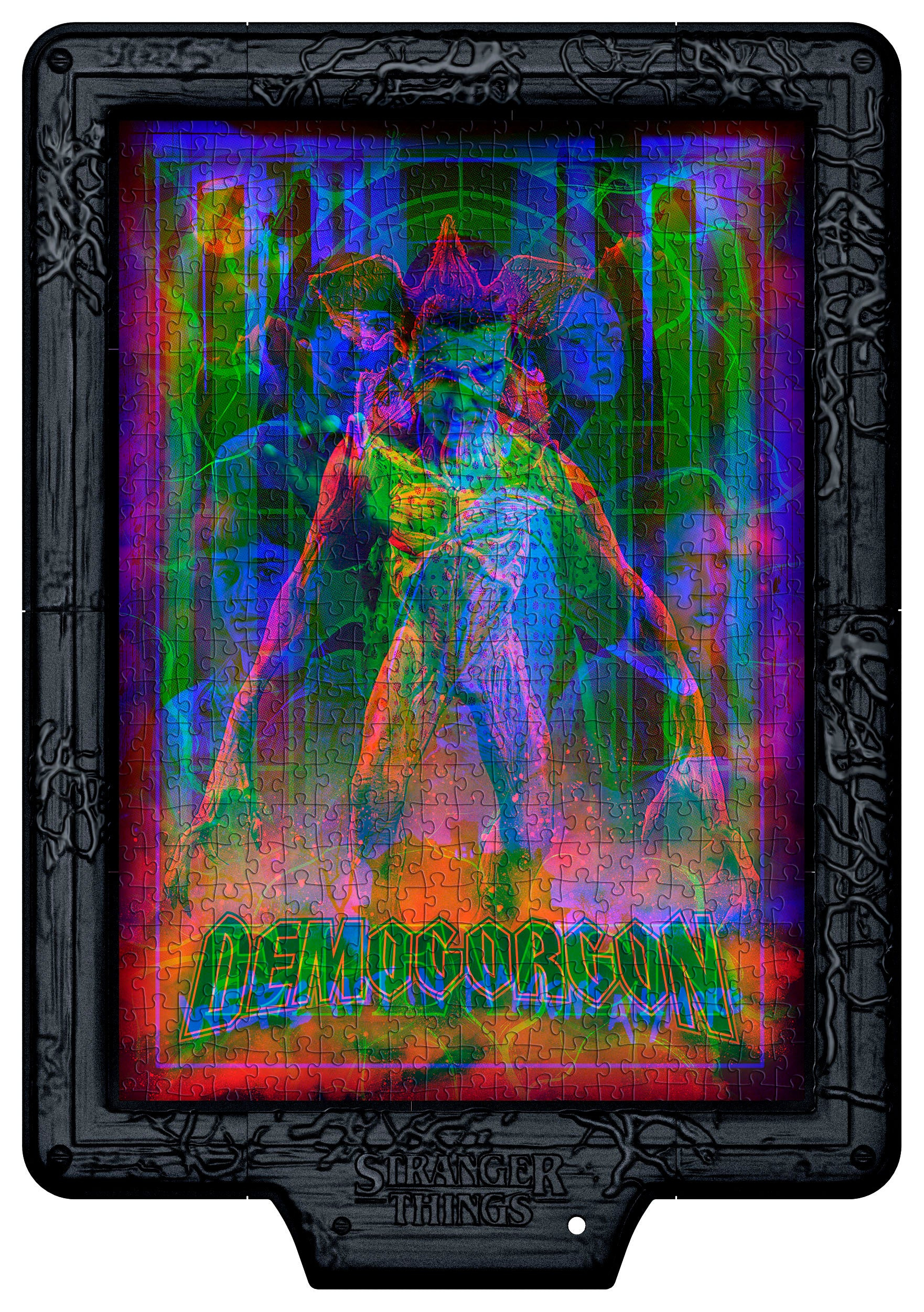 Een Demogorgon-puzzel. De puzzel zit in een zwart frame, met het Stranger Things-logo onderaan.