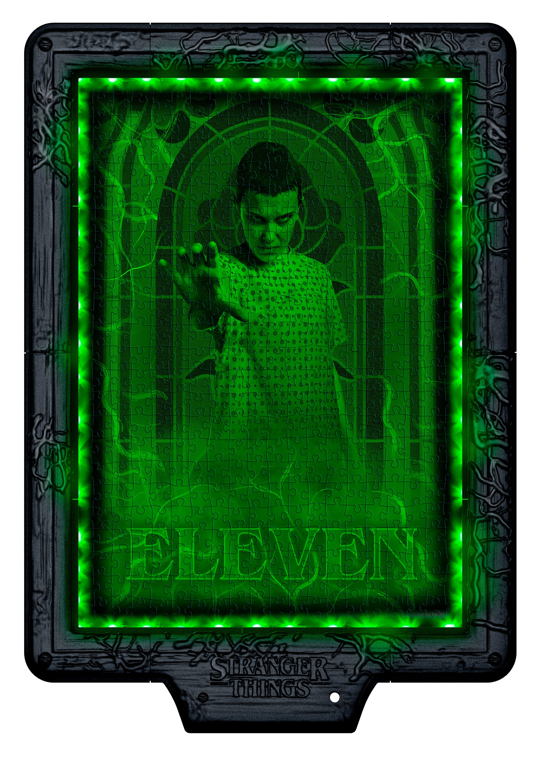 Ein grünes Puzzle mit Eleven aus Stranger Things. Sie ist in der Mitte mit ausgestreckter Hand. Der Rahmen hat grüne Lichter.