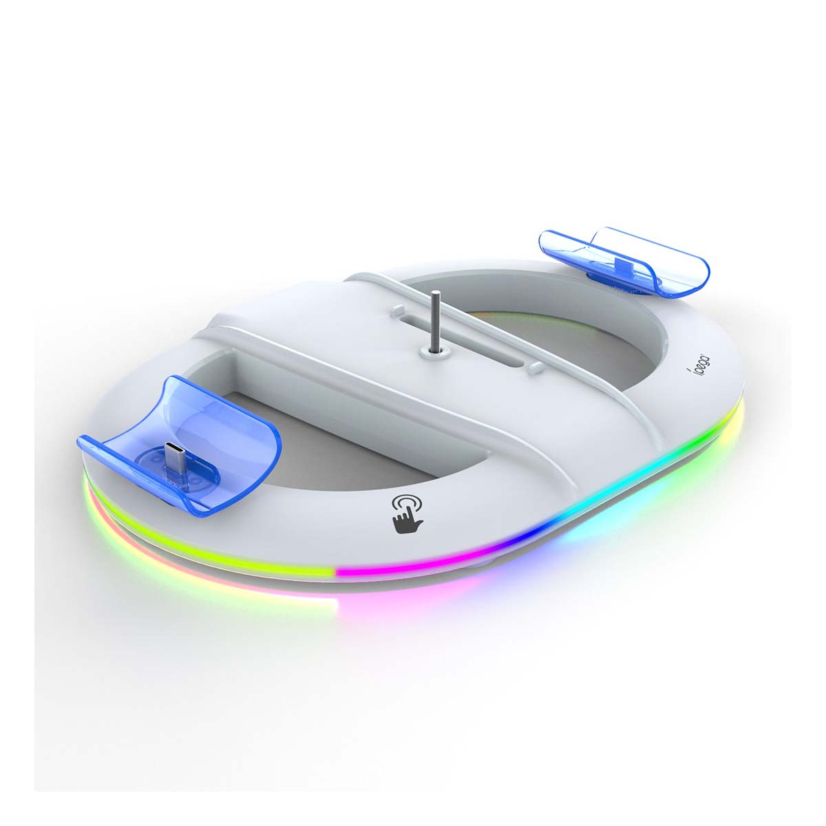 Base de carga blanca con soportes azules y luces LED arcoíris. Presenta un símbolo de sensor táctil.