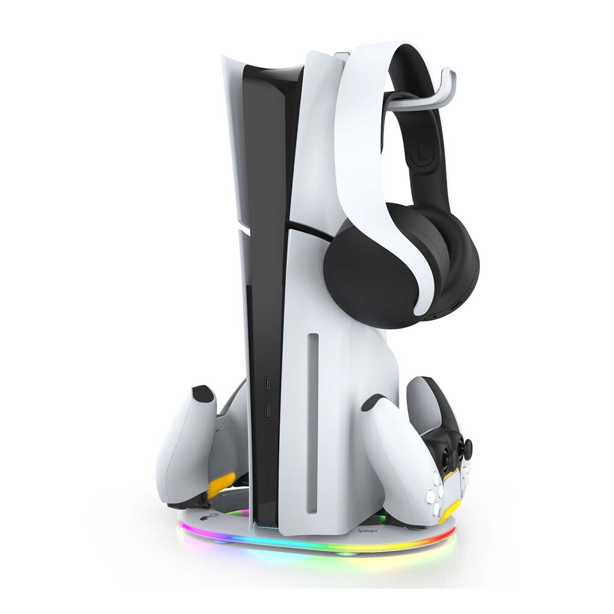 Soporte blanco y negro para consola de juegos con auriculares, mandos y base LED. El soporte sostiene la consola y los accesorios.