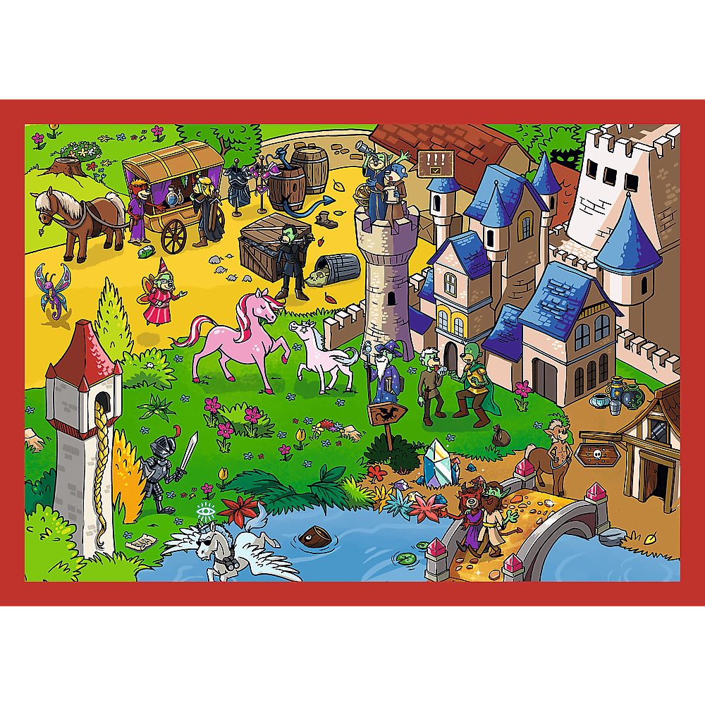 Une scène de dessin animé avec un château, des personnages, une charrette tirée par des chevaux, des licornes roses et blanches, un lac et un pont.