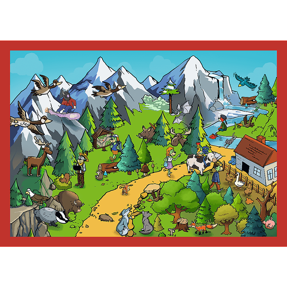 Scène de dessin animé avec montagnes, arbres, animaux et personnes. Une personne fait du snowboard, une fille marche et un garçon pêche. Beaucoup d'animaux.