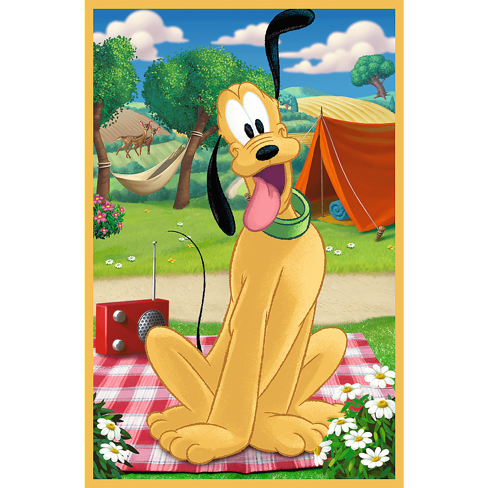 Pluto zit op een picknickkleed, tong uit. Er is een rode radio, een tent en bomen op de achtergrond.