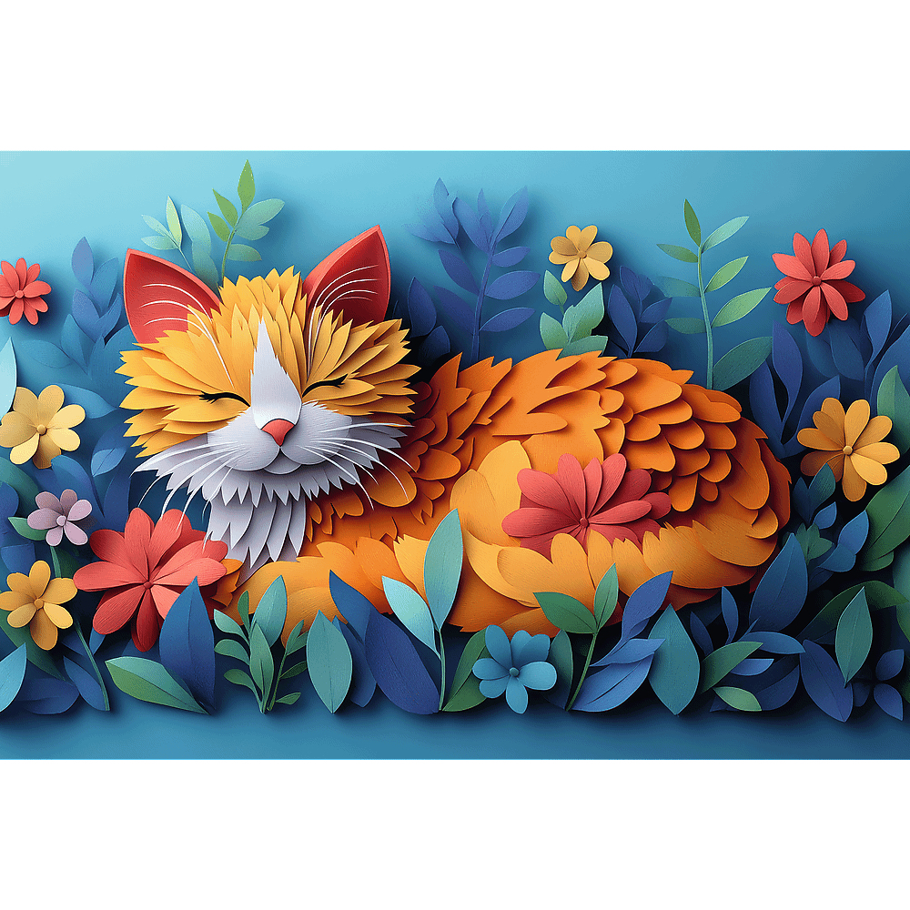 Eine orange Katze mit geschlossenen Augen ruht inmitten bunter Papierblumen und Blätter vor blauem Hintergrund, eine fröhliche und helle Illustration.