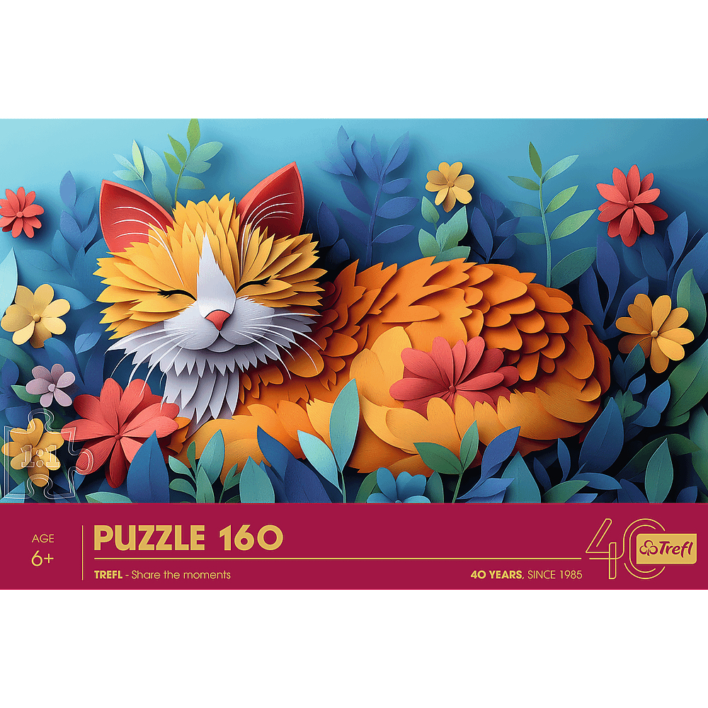 Puzzledose mit einer Papierkatze zwischen Blumen und Blättern. Orange Katze, rote Ohren, weißes Gesicht. Text: Puzzle 160, Trefl-Logo.
