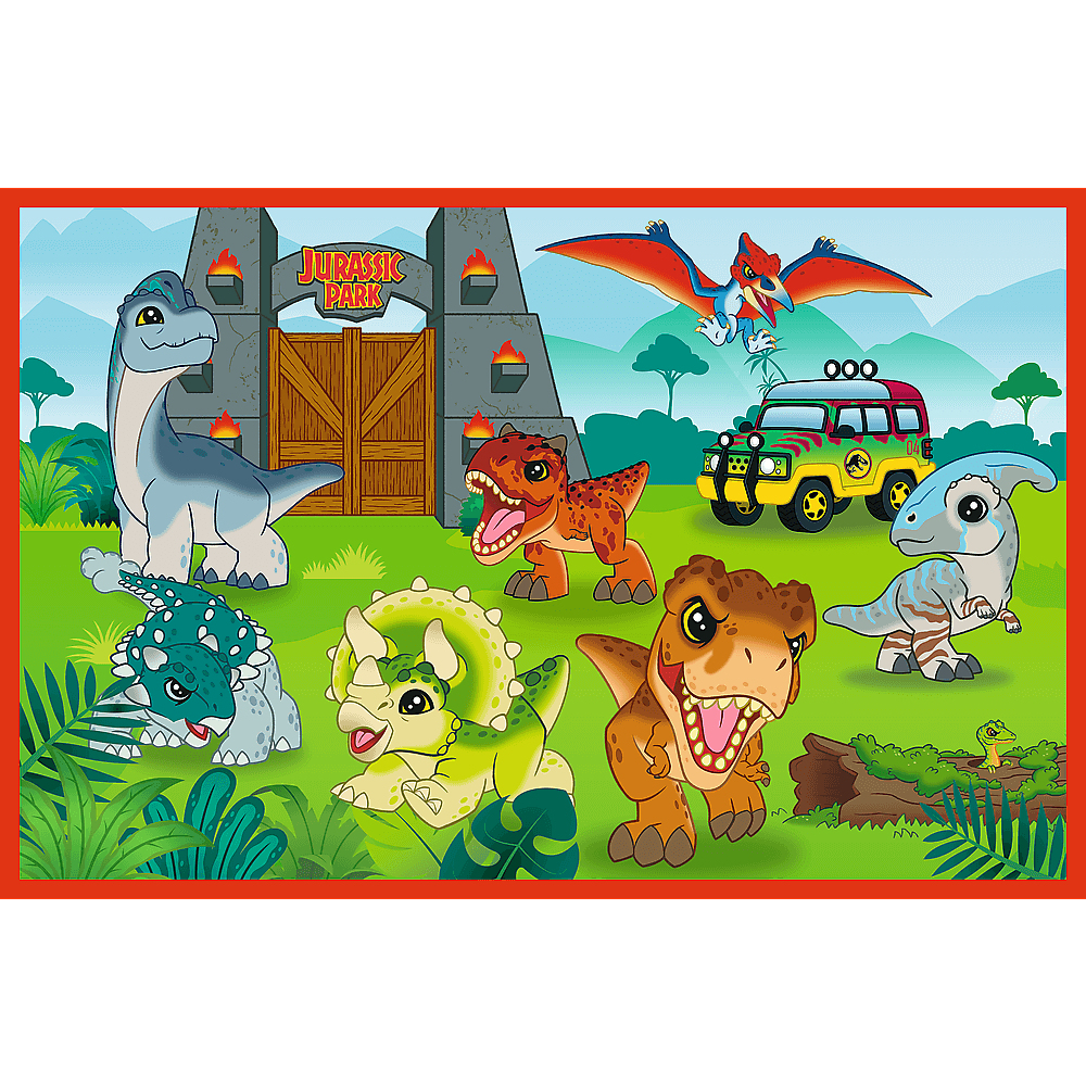Cartoonafbeelding van dinosaurussen, Jurassic Park-poort, jeep, bomen en vliegende dinosaurus op een groene achtergrond met een rode rand.