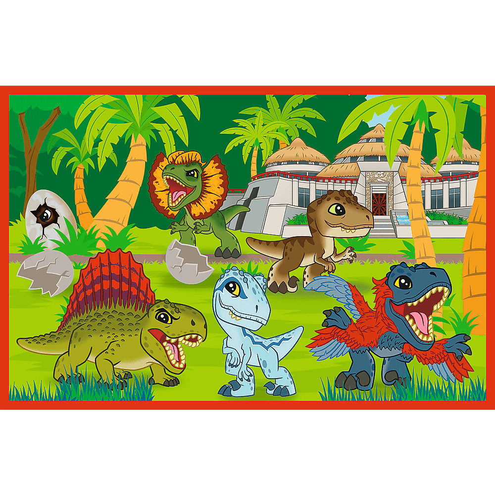 Cartoonafbeelding van verschillende dinosaurussen in een groen landschap. Bevat een Spinosaurus, T-Rex en andere dinosaurussen. Tropische achtergrond.