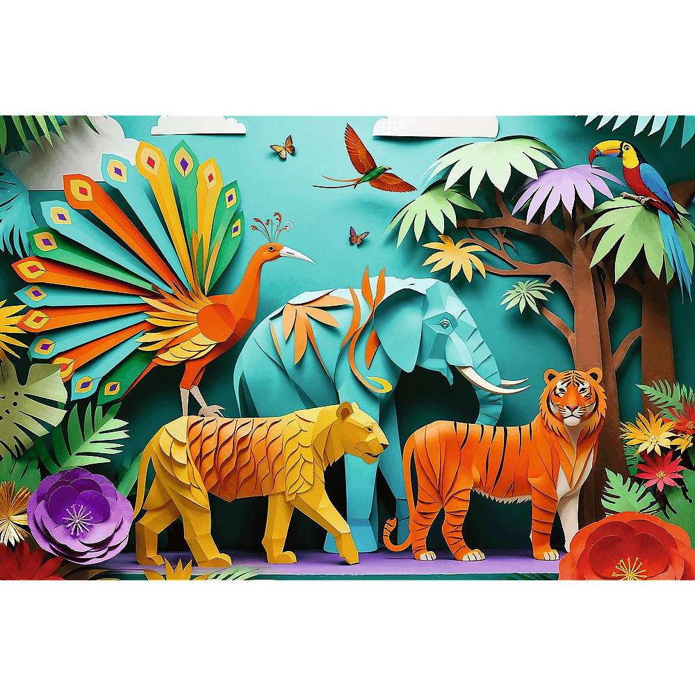 Kleurrijke papierkunst van jungle dieren, waaronder een pauw, olifant, tijgers, toekan en vogels, tegen een turquoise achtergrond.