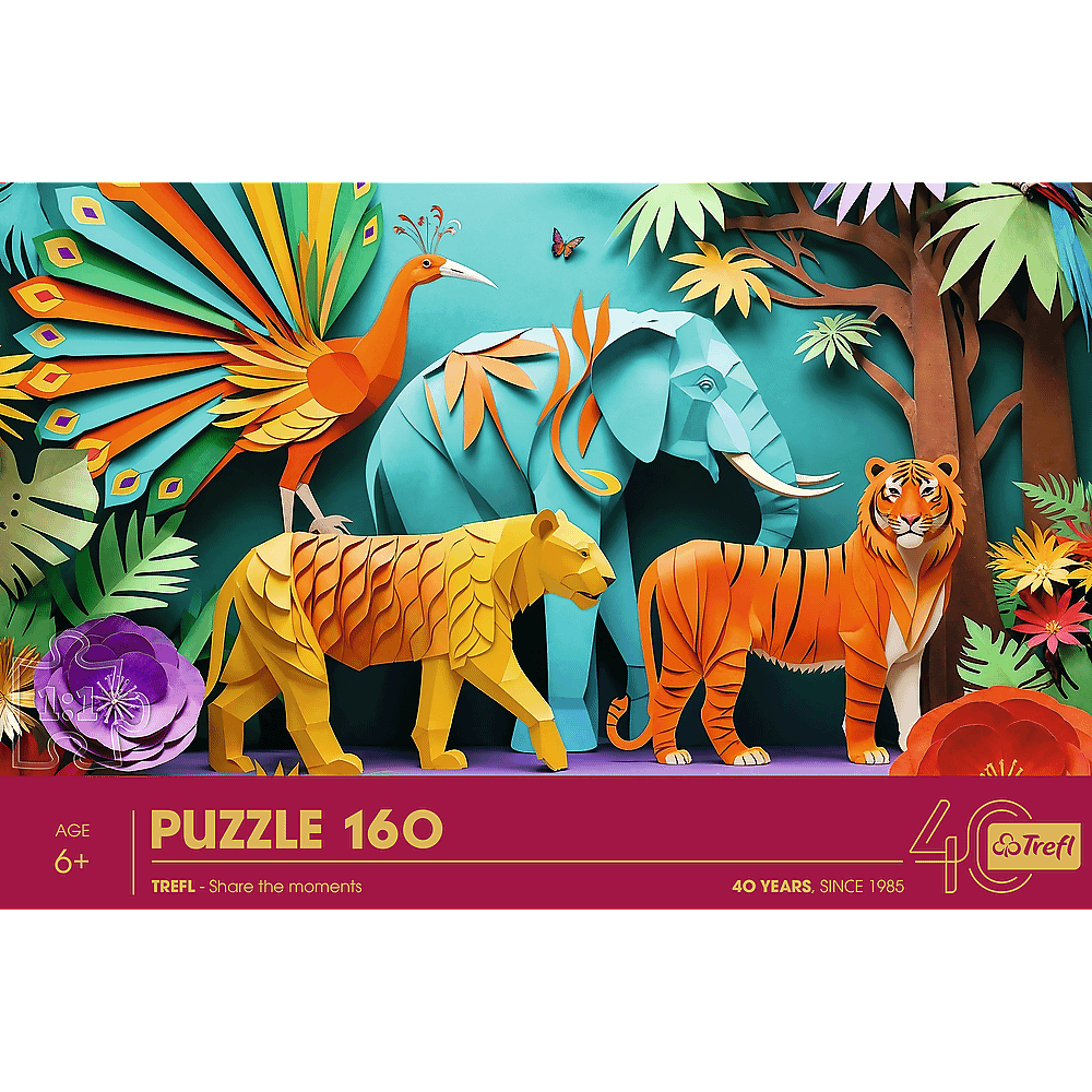 Een papieren puzzel van een pauw, een olifant, een tijger en een leeuw. De achtergrond omvat bladeren en een vlinder.