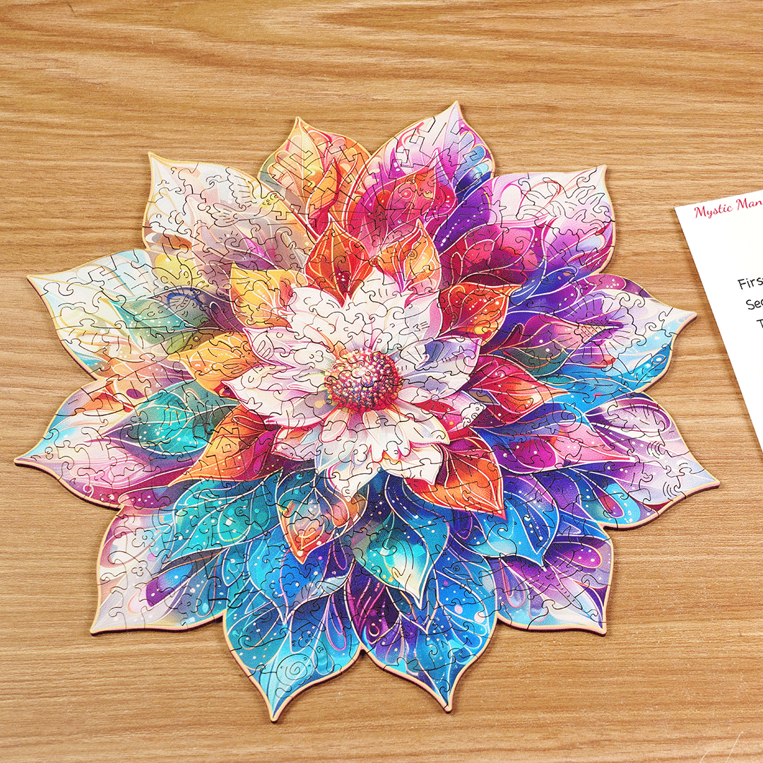 Ein buntes Blumenpuzzle auf einem Holztisch. Es hat komplizierte Details und eine weiße Karte rechts.
