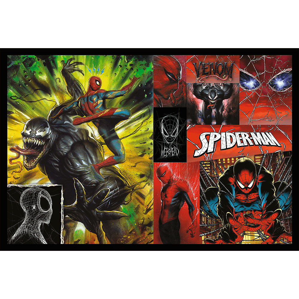 Collage d'images de Spider-Man et Venom. Comprend des scènes d'action, des logos et des portraits de personnages. Couleurs vives et compositions dynamiques.
