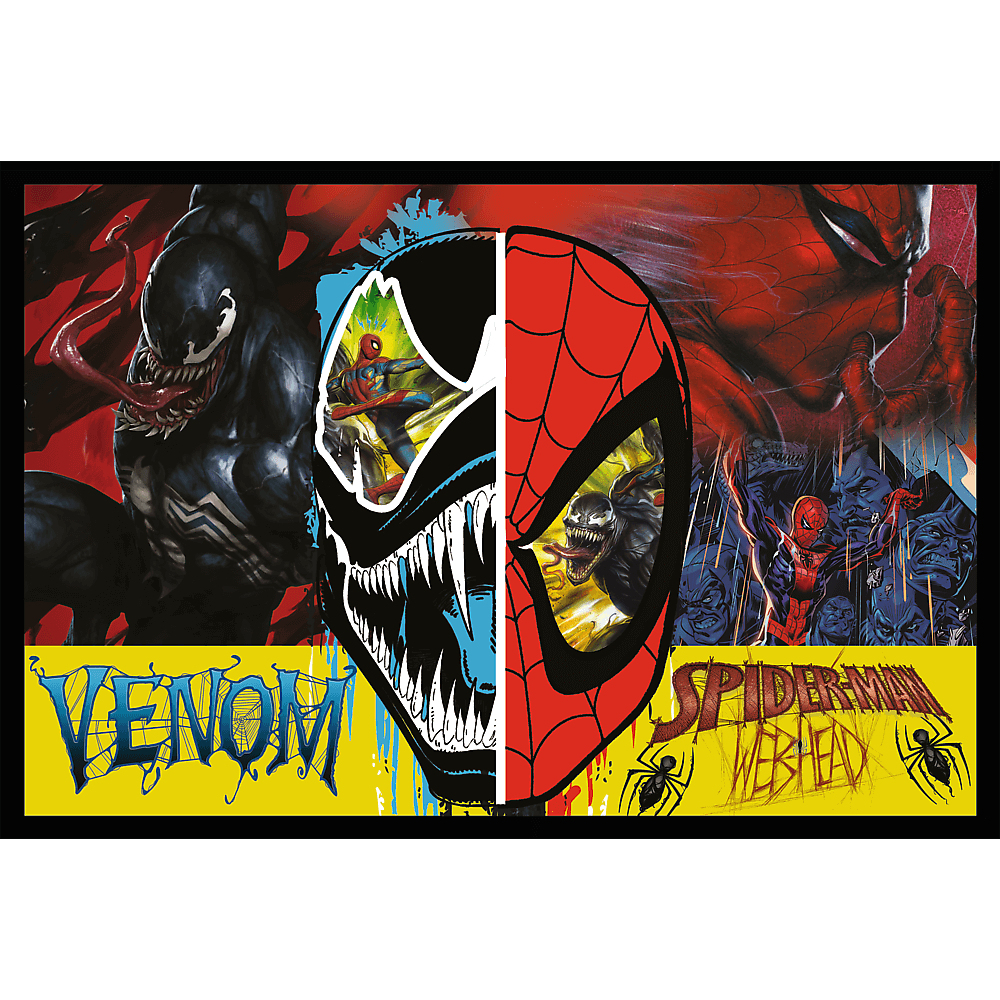 Illustration de bande dessinée divisée entre Venom et Spider-Man. Venom à gauche, Spider-Man à droite. Les deux sur fond jaune.