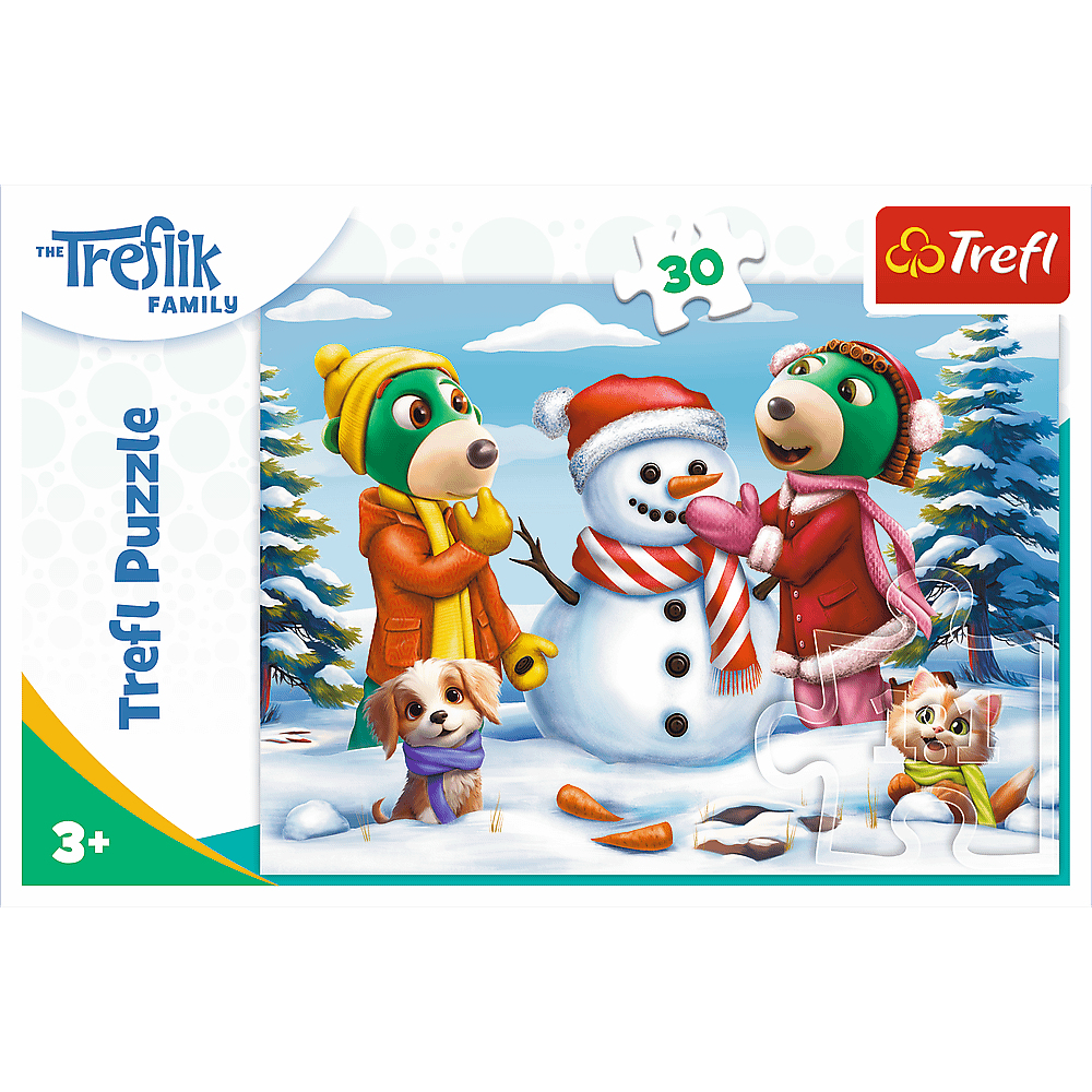 Een Trefl-puzzel toont een sneeuwman met drie cartoonfiguren en twee dieren in een besneeuwde scène. Er is een puzzelstukje met het nummer 30.