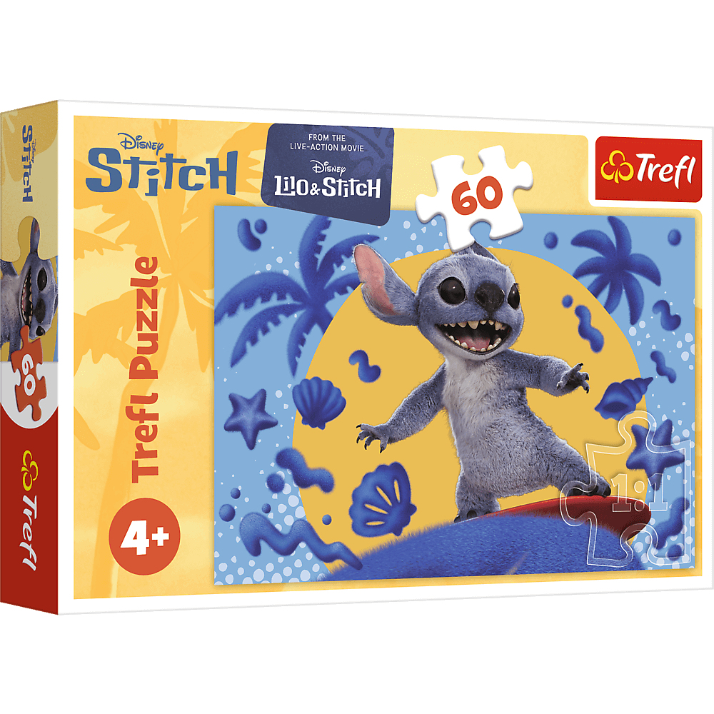 Puzzledose mit Stitch beim Surfen. Die Box zeigt Stitch auf einem Surfbrett mit Palmen und gelbem Hintergrund.
