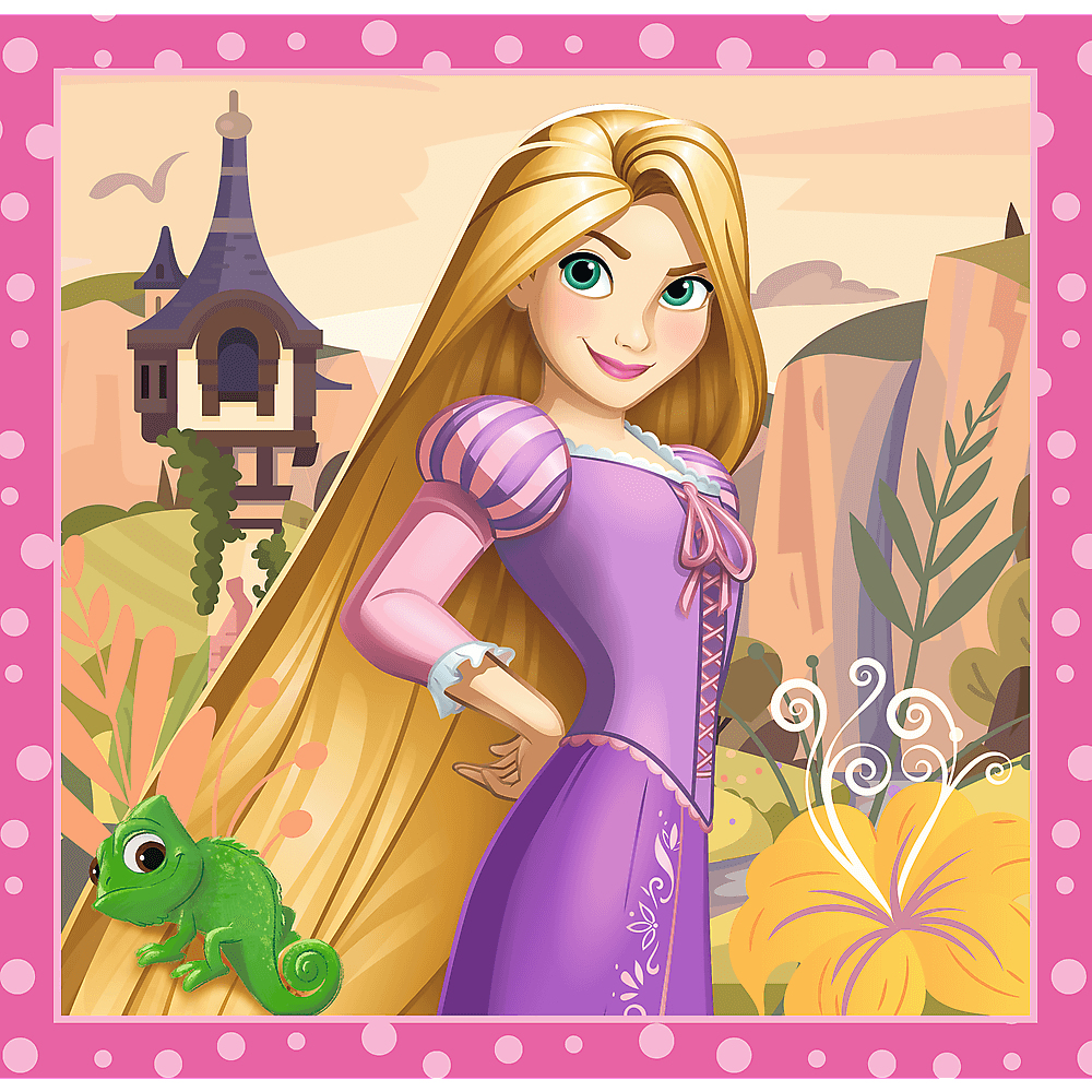 Rapunzel in lila Kleid, langes blondes Haar, mit Pascal dem Chamäleon und einem Turm im Hintergrund. Pinker Rand.