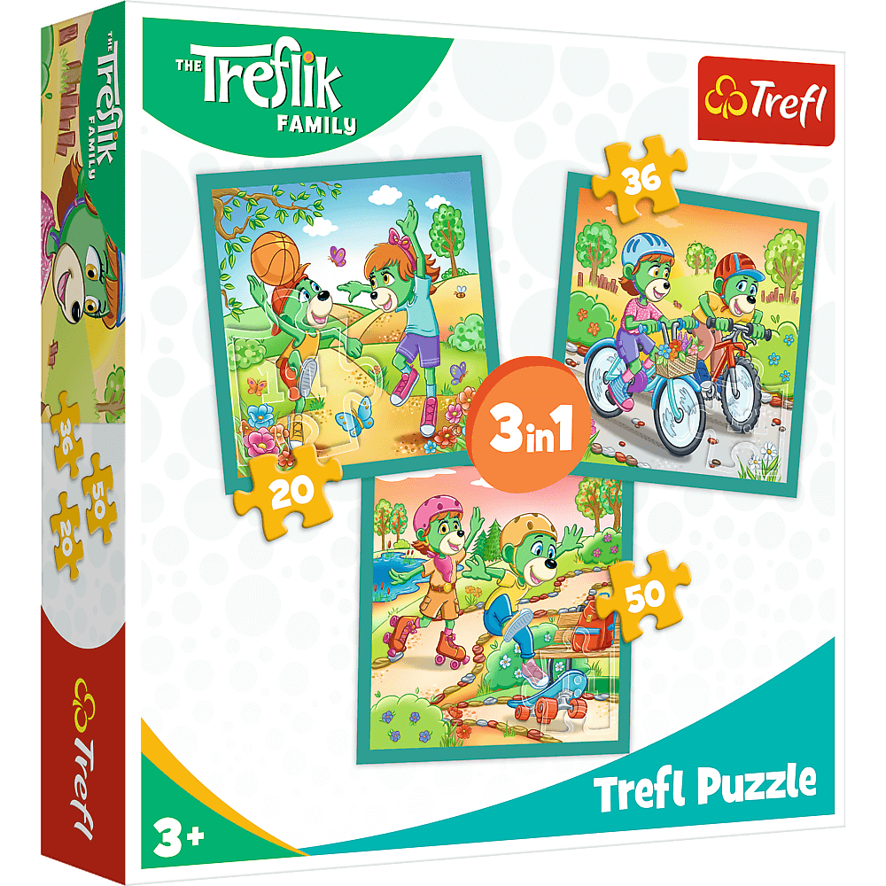 Boîte de puzzle avec des personnages de dessins animés. La boîte indique Trefl Puzzle et 3en1. Pièces de puzzle visibles.