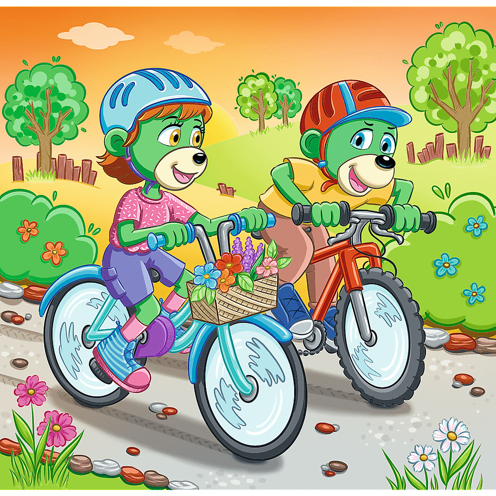 Deux personnages verts en forme d'ours font du vélo. L'un a un casque bleu, l'autre un casque orange. Des fleurs dans un panier sur le premier vélo.