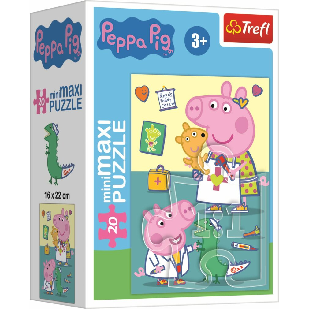 Une boîte de puzzle Peppa Pig. Peppa Pig est habillée en médecin. Le puzzle est pour les enfants de 3 ans et plus. La boîte a un dinosaure vert.