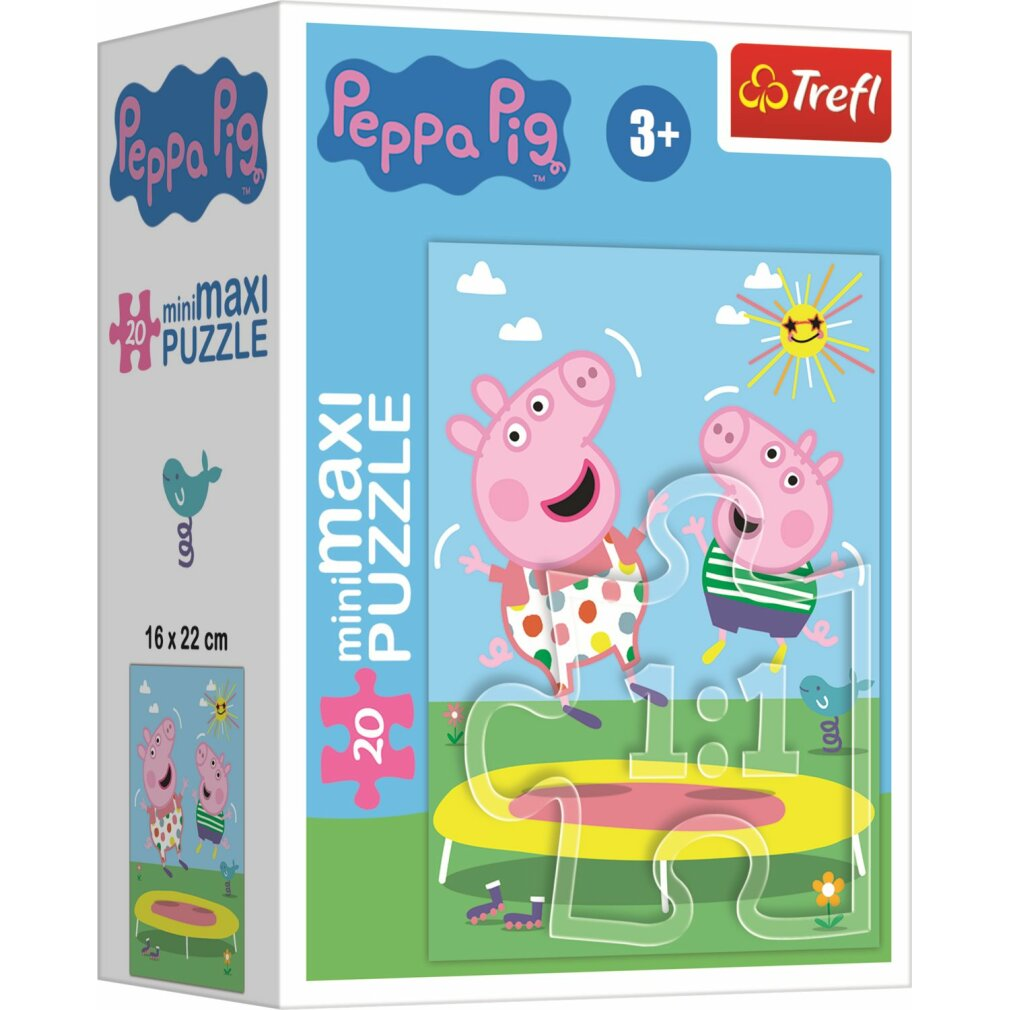 Une boîte de puzzle Peppa Pig. Elle montre Peppa Pig et un autre petit cochon sautant sur un trampoline jaune. Ciel bleu avec soleil et nuages.