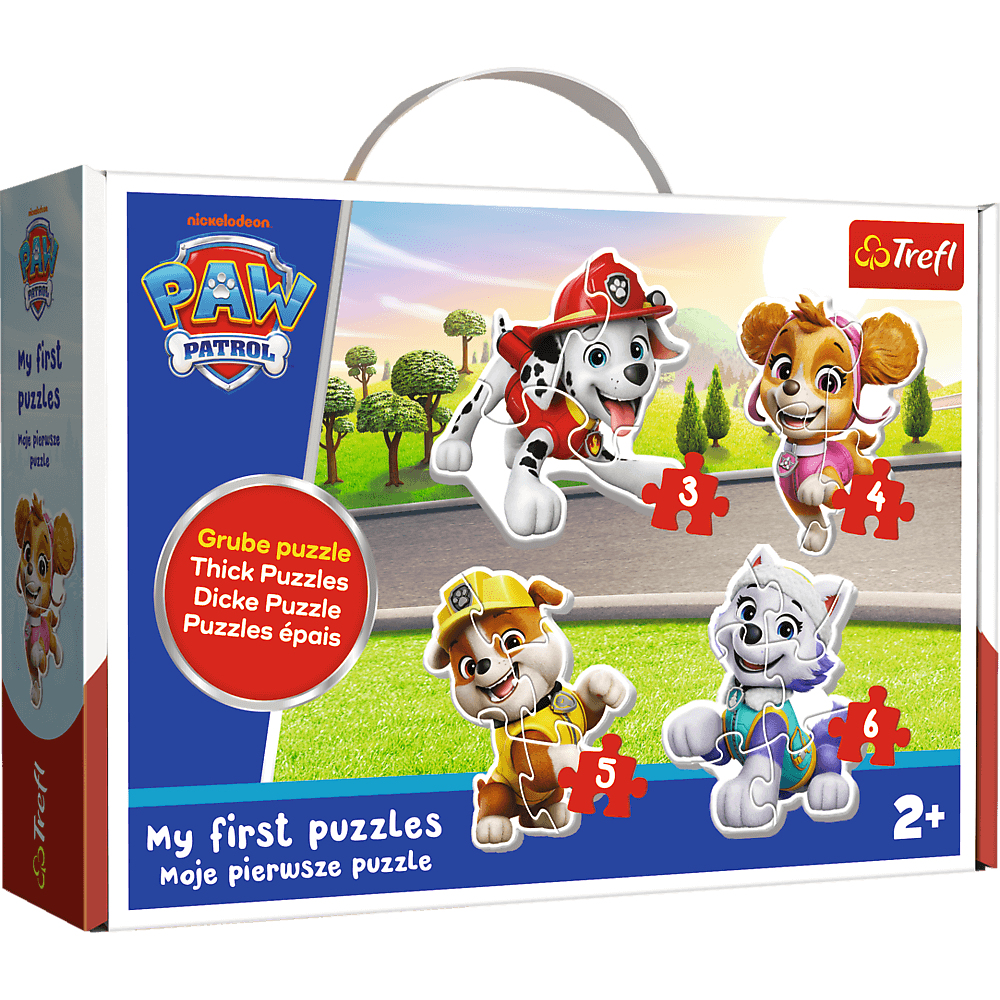Boîte de puzzle Paw Patrol. Personnages Marshall, Skye, Rubble et Everest. Pièces de puzzle numérotées. 'My first puzzles' est écrit.