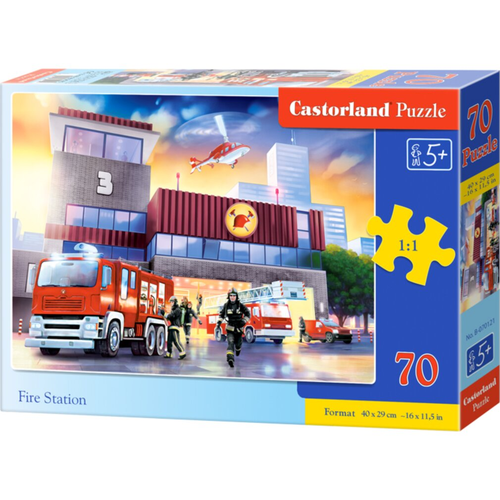 Eine Puzzledose zeigt eine Feuerwache mit Feuerwehrfahrzeugen, Feuerwehrleuten, einem Hubschrauber und einem Gebäude mit der Nummer 3.