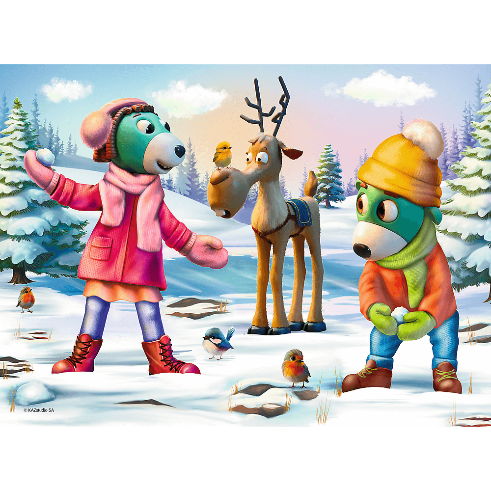 Cartoon-Szene mit Schnee, Figuren und Vögeln. Ein Hirsch, zwei Figuren in Winterkleidung und Vögel in einer verschneiten Landschaft.