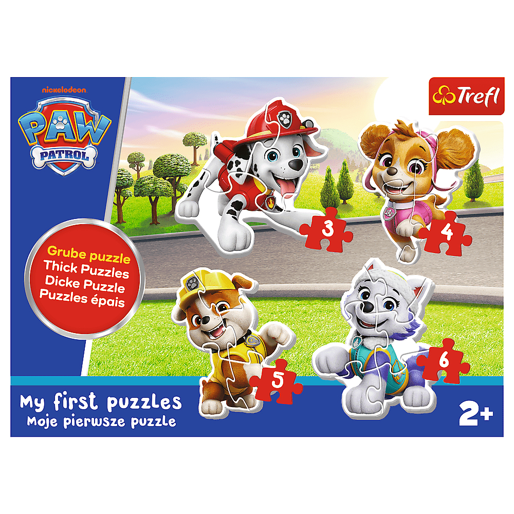 Un puzzle Paw Patrol. Il présente Marshall, Skye, Rocky et Everest. Chaque personnage a une pièce de puzzle avec un numéro.