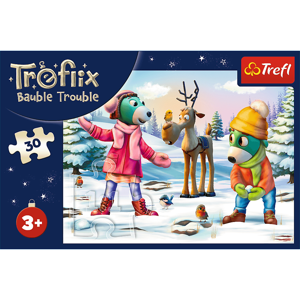 Ein Puzzle zeigt Zeichentrickfiguren: einen Hund, ein Rentier, einen Hund mit Schneeball und Vögel in einer Winterszene.