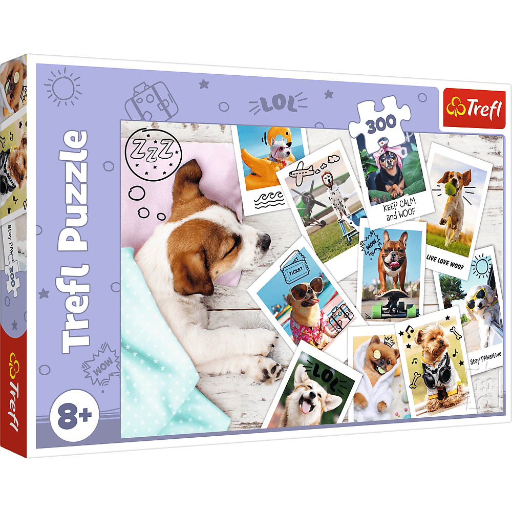 Une boîte de puzzle Trefl montrant un chien endormi et diverses photos de chiens avec du texte. La boîte est violette et blanche avec le logo Trefl.