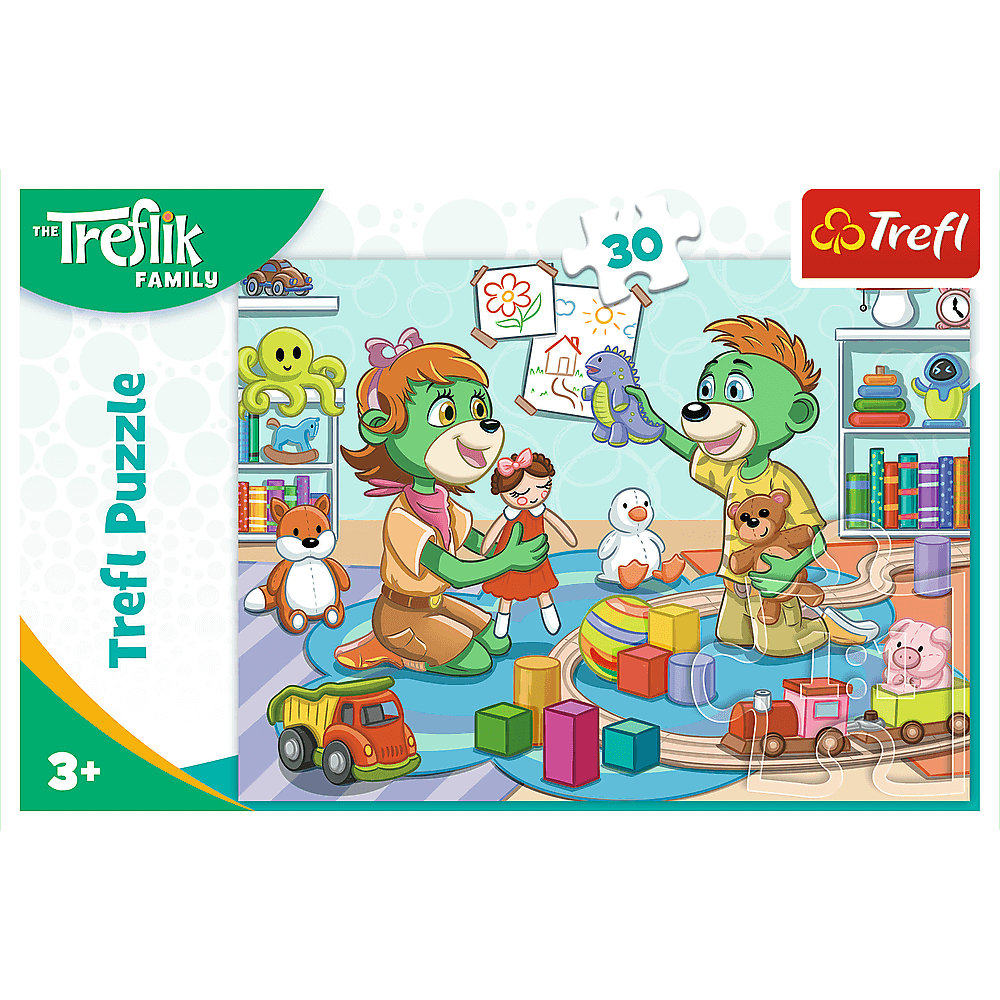 Puzzelbox met tekenfilmberen die met speelgoed spelen. Inclusief een pop, een dinosaurus en blokken. Het Trefl-logo is zichtbaar.
