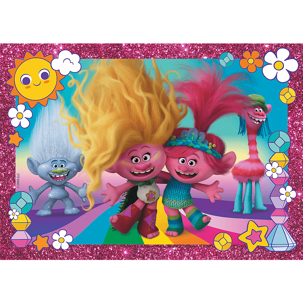 Trolle-Charaktere lächeln, umgeben von einem pinkfarbenen Glitzerrahmen. Regenbogenhintergrund mit Sonne, Wolken, Sternen und Blumen.
