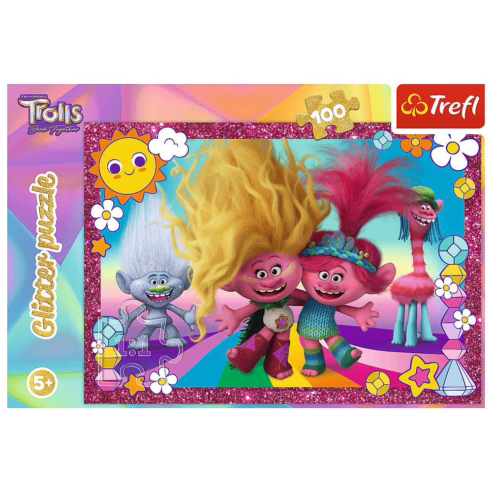 Trolls-Puzzleschachtel mit Zeichentrickfiguren. Enthält Poppy, Branch und andere Trolls. Glitzerpuzzle, Marke Trefl, 100 Teile, Alter 5+.