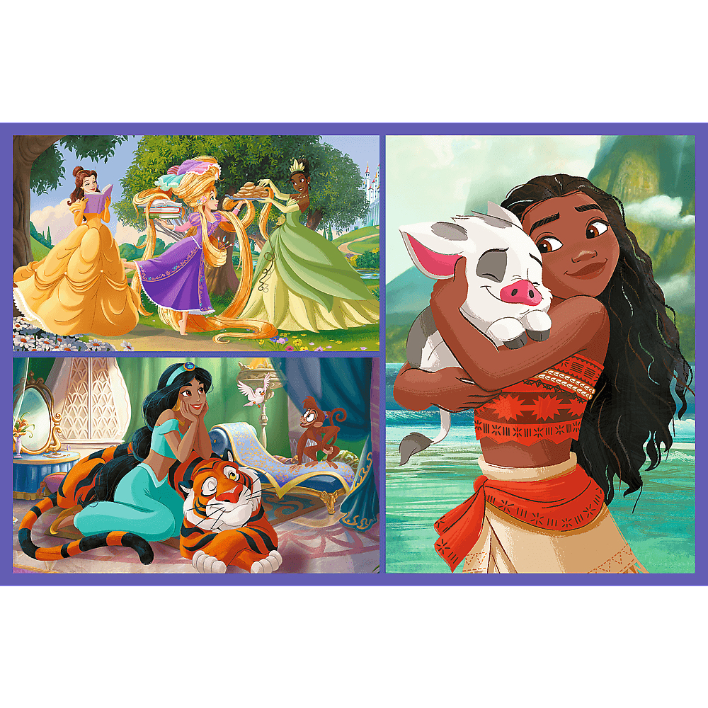 Een collage van Disney-prinsessen: Belle, Rapunzel, Tiana, Jasmine, Moana met een varken en een tijger. Achtergrond met bomen en paleis.